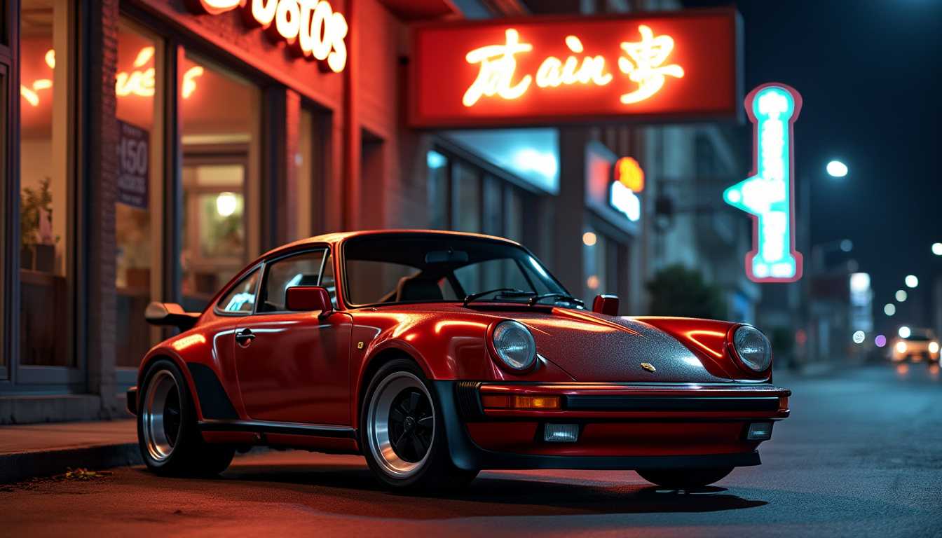 A realistic photograph of a classic 1980s Porsche 930 Turbo parked on a quiet urban street at night. The car is surrounded by subtle neon lights reflecting off its smooth body. The scene captures the essence of the 1980s, with neon signage in the background creating a warm and nostalgic atmosphere. The lighting is soft to enhance the beauty of the car while ensuring that the surroundings feel natural and realistic. The image conveys a timeless elegance, focusing on the Porsche in a serene urban setting.