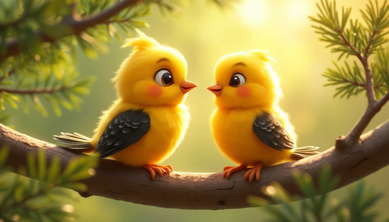 A Pixar-style medium shot of two cute, yellow cartoon birds with black wings sitting on a tree branch. The birds have a fluffy, soft appearance and cute smiles as they look at each other. The background contains warm sunlight and bright green pine leaves. The scene has a high-resolution quality.