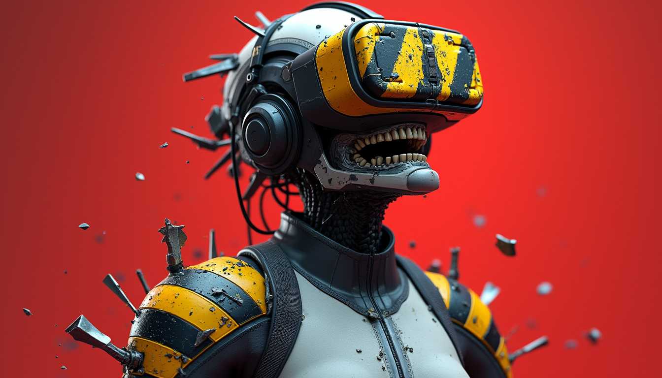 A digital artwork of Crashcore, a character with a head resembling a twisted crash test dummy. He wears a sleek VR headset that's fractured and warped. His face is painted with the iconic black-and-yellow hazard stripes. His shoulders are covered in fragments of metal and jagged digital debris. The background is a solid, intense red.
