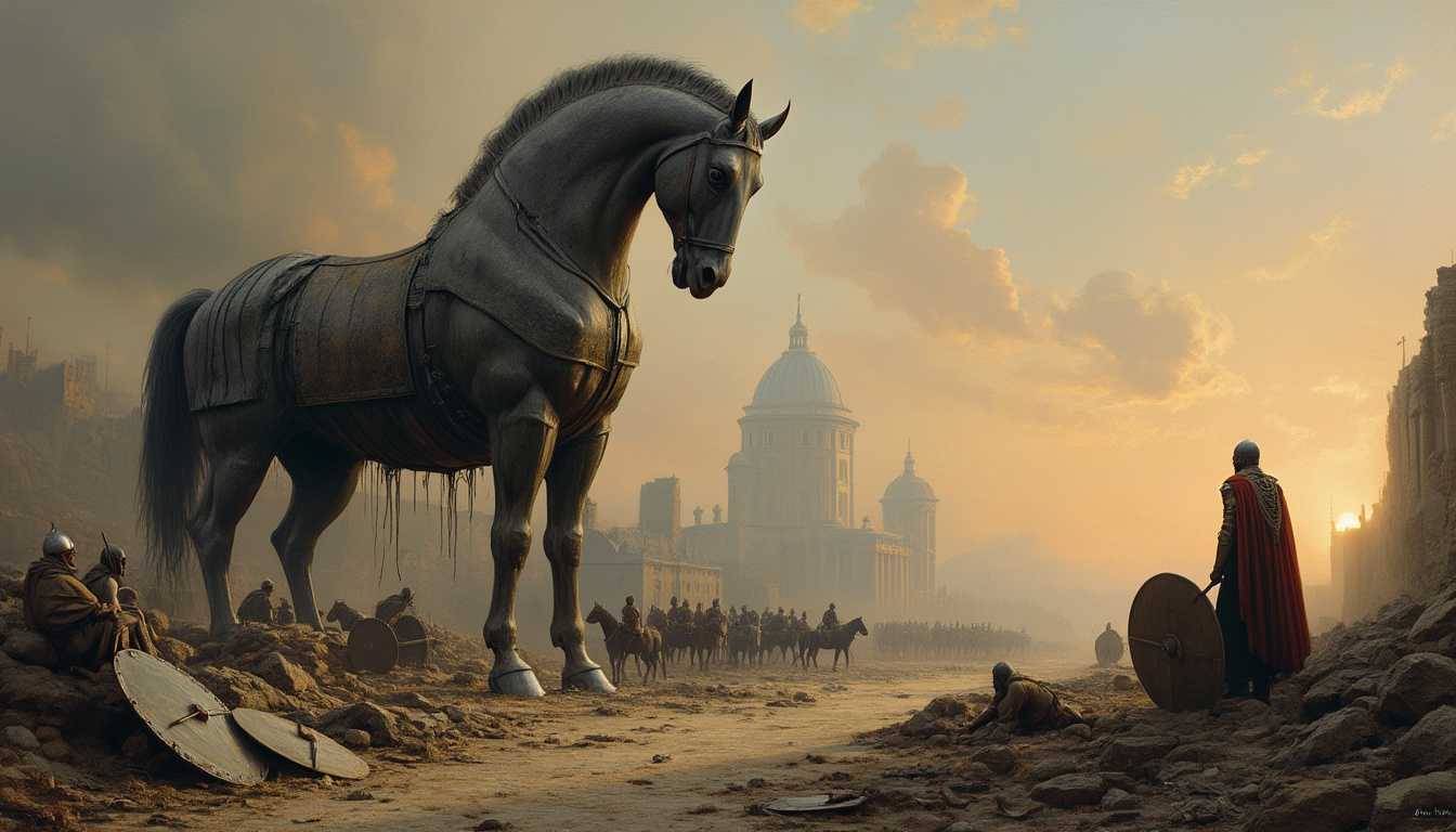 An emotive moody Anders Zorn oil painting of a half-collapsed giant frightening statue of a horse made from parts of wooden ships, armour, and shields in the smoldering ruins of the ancient city of Troy. The dawn after the Battle of Troy is depicted, with broken wagons, fallen soldiers, armour, and shields scattered around. The misty dawn light casts a soft glow over the scene. The painting has horror elements and uses pastel colours.