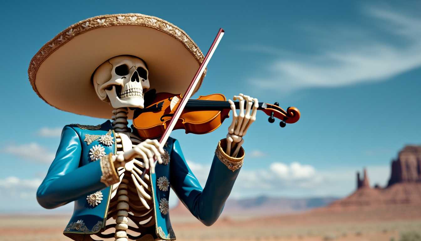 A sculpture of a highly detailed mariachi skeleton playing a violin. The skeleton is dressed in a traditional mariachi outfit, which is phatalo blue and decorated with white and gold. The background is a desert landscape with a blue sky and distant mountains.