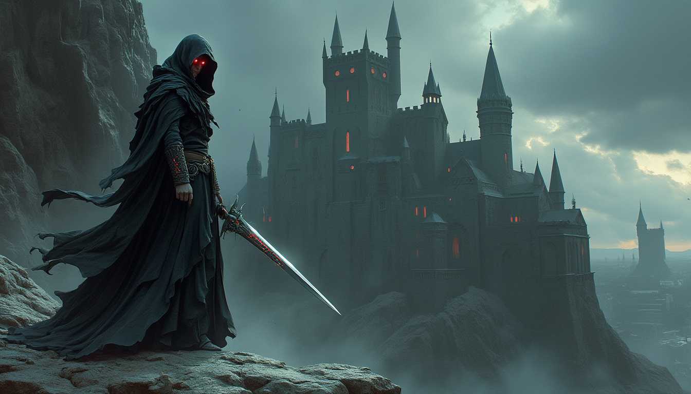 A fantasy D&D scene of a Hexblade Warlock with a long, dark cloak. The Warlock has piercing red eyes and is standing on a rocky terrain. The background reveals a haunted castle with towers and arches. The sky is overcast with dark clouds.