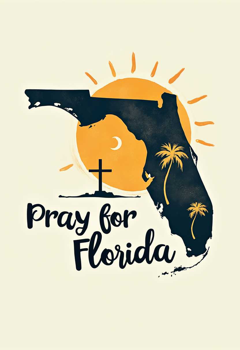 create an image of the state of Florida with a big cross,praying hands, palm trees sunshine overlay within the state of florida, and text that reads "Pray for Florida" 