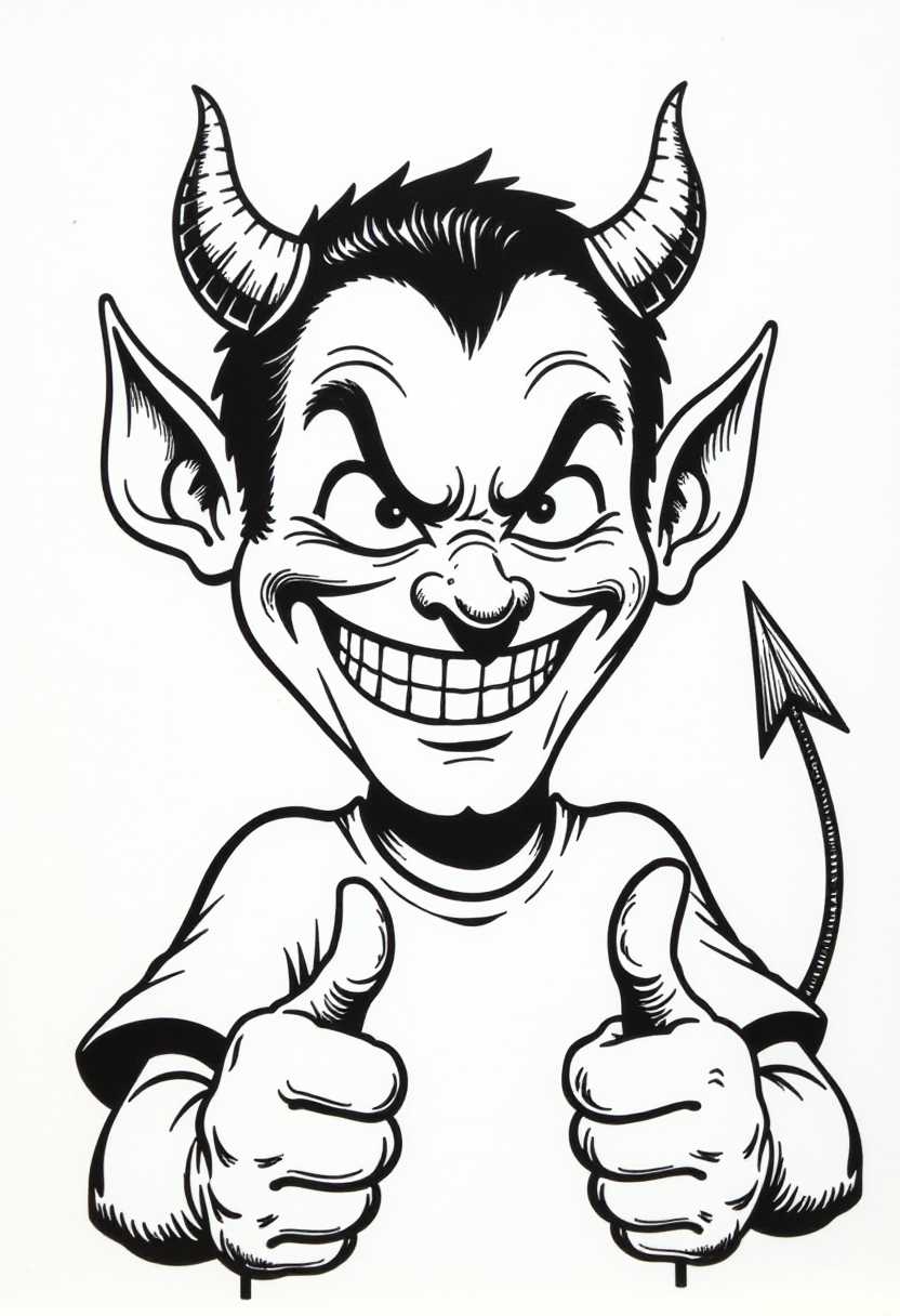 This image is a black and white illustration, featuring a character that appears to be a stylized depiction of a devil or a demon. The character has a mischievous grin, with a wide, toothy smile and eyes that are halfclosed in a knowing expression. The grin is wide enough to show the teeth, which are prominent and slightly pointed.The character has a pair of horns protruding from the top of its head, curving upwards and then slightly backwards. The horns are detailed with shading that gives them a threedimensional appearance. The character also has a tail, which is a long, thin arrow pointing downwards, suggesting movement or perhaps a sense of defiance.The characters hands are raised in front of it, with the right hand positioned in a thumbs up gesture and the left hand in a thumbs down gesture. This could be interpreted as a contradiction or a statement of indifference.The art style is reminiscent of mid20th century comic book art, with bold lines and simple shading. The medium appears to be ink, as the lines are crisp and the shading is minimal. There is no background to the image, which places the entire focus on the character.Overall, the image conveys a sense of playful mischief and devilish charm, with the characters gestures and facial expression suggesting a cheeky attitude.
