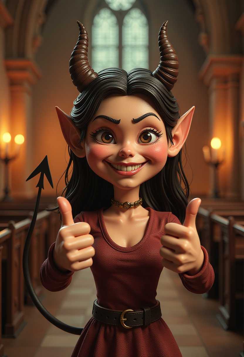 Cartoon Devil with Horns and Tail Giving a Double Thumbs Up in a Church