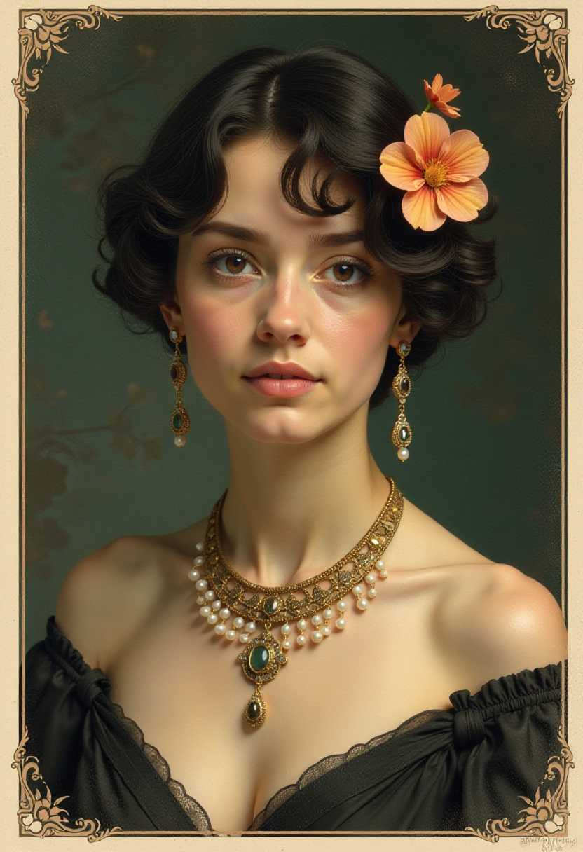 This image is a portrait that exudes a vintage charm, reminiscent of a bygone era. The subject is a person with short, curly hair that frames their face, and a single flower is delicately placed on the side of their head, adding a touch of elegance and nature to the composition.The person is adorned with a lavish necklace that cascades down their chest, featuring intricate designs and what appear to be precious stones, possibly pearls, that catch the light. The necklace is layered, with multiple strands and embellishments, suggesting a sense of opulence and grandeur.The art style of the image is reminiscent of a classic portrait, with a focus on the subjects face and upper body. The lighting is soft and diffused, casting gentle shadows that contour the subjects features, enhancing their threedimensional form. The borders of the image are slightly ornate, with a subtle frame that complements the overall aesthetic.There are hints of gold in the necklace, which stands out against the darker tones of the subjects hair and the background. The flower adds a pop of color, providing a contrast that draws the eye and adds a sense of vitality to the otherwise subdued color scheme.Overall, the image is a sophisticated and timeless representation of a person adorned with opulent jewelry, captured in a style that evokes the classic portraiture of the past.
