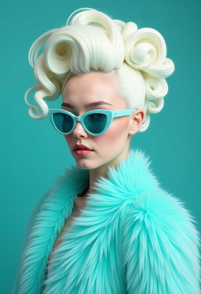 This image is a portrait of a person with a highly stylized and exaggerated aesthetic. The subject is wearing a voluminous, sculptural updo hairstyle that is predominantly white with hints of a pastel blue at the tips, giving it a threedimensional appearance. The hairstyle is reminiscent of a baroque or rococo style, with curls and waves that suggest a sense of movement and grandeur.The subject is also wearing a luxurious, turquoise blue fur garment that drapes elegantly around their shoulders and upper body. The fur has a soft, fluffy texture and appears to be of high quality, with a rich, plush appearance. The garments color complements the hairstyle and adds to the overall opulence of the image.The subject is accessorized with a pair of cateye sunglasses that have a pale blue or turquoise color, which matches the overall color scheme of the image. The sunglasses have a sleek, modern design with a hint of vintage flair, and they add a touch of mystery to the subjects expression.The background of the image is a solid, deep teal color that provides a stark contrast to the subjects lighter hair and clothing. The background is smooth and without any distractions, which allows the viewer to fully focus on the subject and their elaborate styling.The overall art style of the image is reminiscent of high fashion photography, with a focus on the subjects appearance and accessories. The medium appears to be digital, given the smooth color gradients and the clarity of the details. The image has a polished and professional look, with a strong emphasis on the subjects style and elegance.