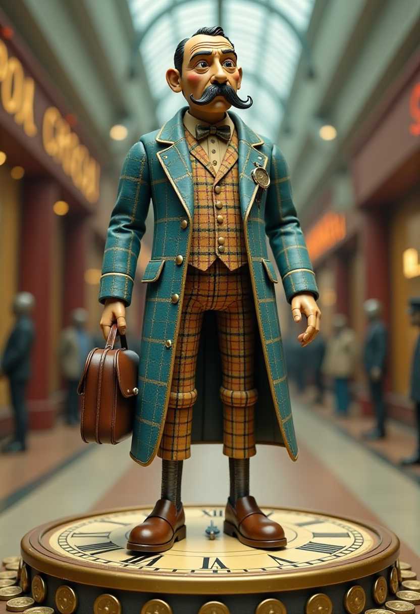 This image features simplified 1930s cartoon 3d characters and scenery that appears to be painted wooden figures or puppets without strings. The subject of the image is a very stylized depiction of a wooden puppet man with exaggerated humn features, large moustache, wearing a long, flowing coat with a plaid pattern in shades of blue and beige, which gives off a vintage, steampunkinspired vibe. The coat is detailed with buttons, pockets, and what seems to be a watch on the left chest pocket.The mans pants are also plaid, in a similar color scheme, and are fitted snugly around the legs, ending in what looks like mechanical boots with a metallic sheen. The boots are adorned with what could be gears or cogs, suggesting a fusion of human and mechanical design.The man is holding a small, round, brown object in its right hand, which could be a briefcase or a pouch. The left hand is raised, with fingers spread wide, as if the man is reaching out or perhaps signaling.The man is standing on a platform that resembles a large, ornate clock face. The clock face is detailed with Roman numerals and intricate designs, and the platform is surrounded by a border of what appears to be coins or medals, giving the impression that the man is stepping on a treasure trove.The art style of the image is stylized and surreal, with exaggerated proportions and a playful, imaginative quality. Background of a futuristic shopping mall with shiny metal robot people.The colors in the image are muted and earthy, with a predominance of blues, beiges, and browns. The metallic accents on the boots and the golden border of the clock platform add a touch of warmth and contrast to the cool tones of the overall palette.