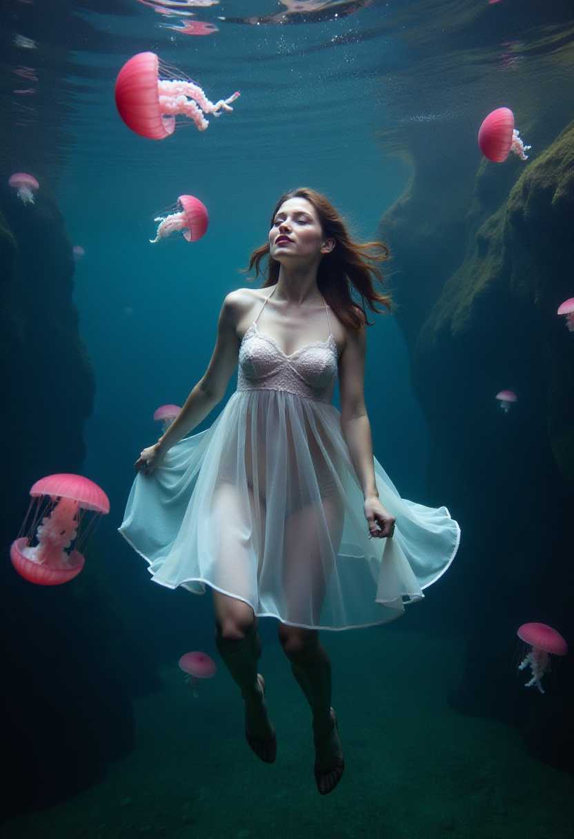 woman floating underwater in a river wearing a nightdress surrounded by pink jellyfish