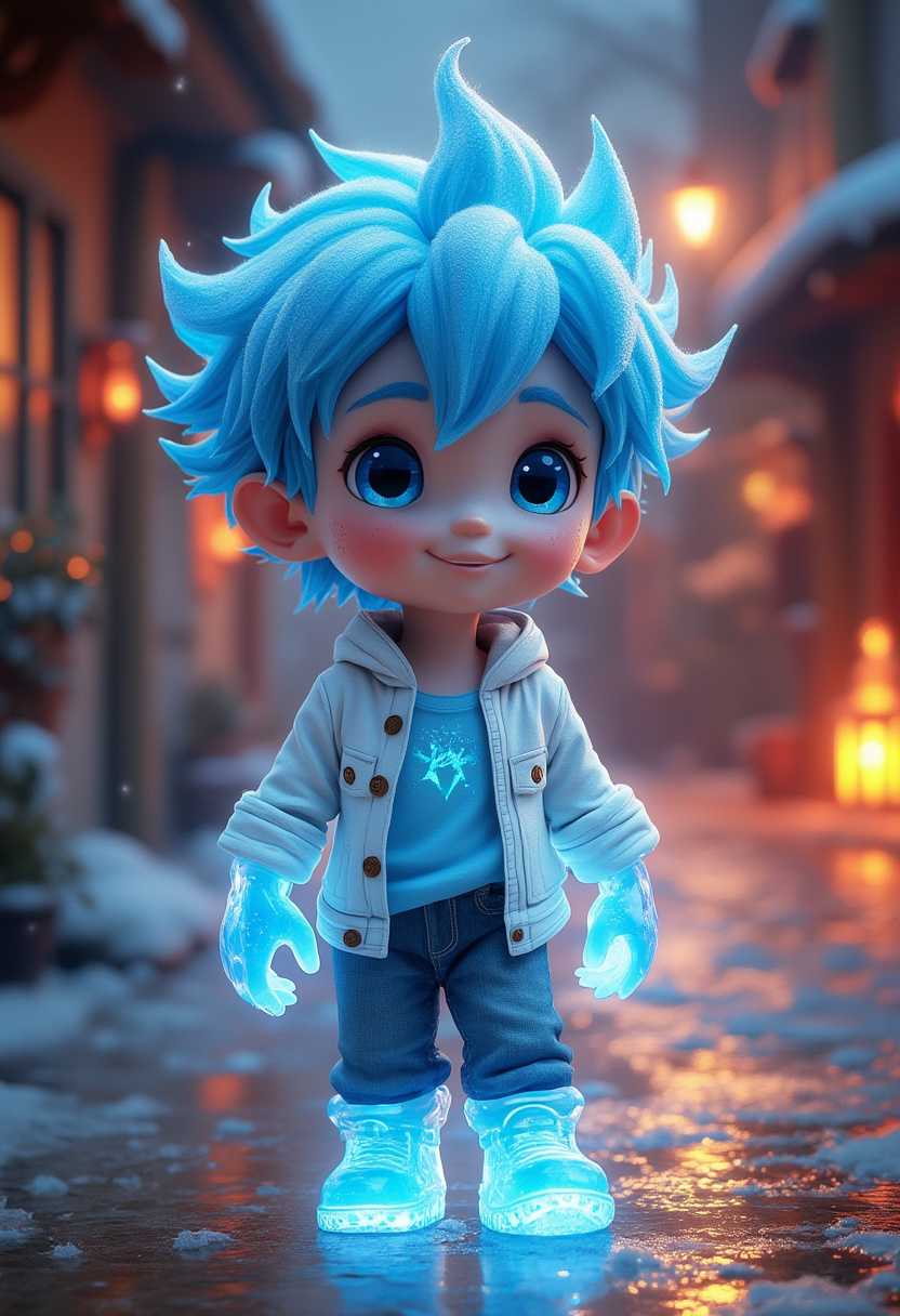 Portrait of a cute little boy with a clear and icy look in a white and blue shirt.   The character has a humanoid form with a friendly, smiling expression and appears to be walking in a fiery, vibrant, fantasy environment with warm lights and a glowing, dreamlike background.   The character's icy body glows slightly and reflects the surrounding light, giving the scene a magical and otherworldly feel.