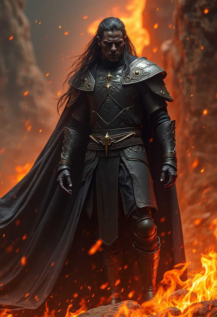a perfect Sauron with hyper-realist definition full body dark and fire behind him