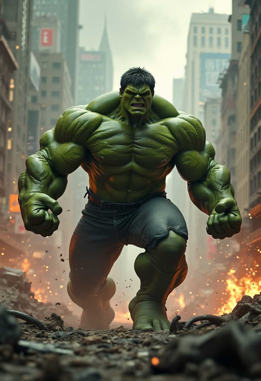 Hulk aparece en medio de la ciudad destruida, furioso, golpeando una nave alienígena que cae al suelo en llamas. Los escombros y el caos llenan la escena mientras Hulk lucha contra la invasión.

