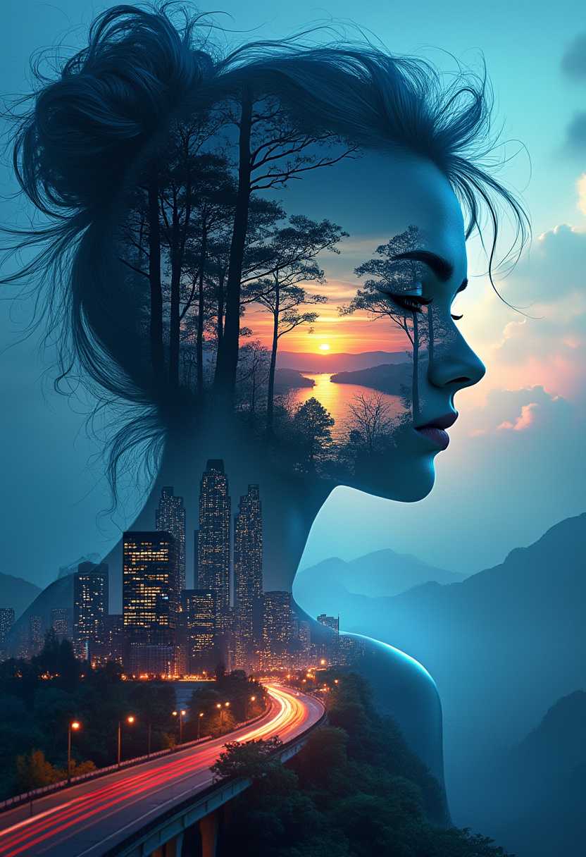 An extraordinary surrealistic portrait featuring a woman with radiant blue hair that emits a captivating glow. Her silhouette showcases a serene landscape of a stunning sunset over a tranquil river, surrounded by tall trees. In stark contrast, the lower half of the image portrays a bustling urban landscape with towering skyscrapers, dazzling neon lights, and a busy highway. This striking composition masterfully captures the duality and intricate balance or conflict between nature and urbanization.