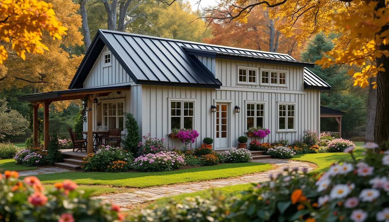 The small American-style house above is surrounded by nature. The house is fixed and has no moving wheels. The house is located on a large plot of land. Around the house there are beautiful walkways and climbing flowers around the windows. In front of the house there is a small yard planted with many flowers and outdoor tables and chairs. Many colorful flowers around the house. The house has a matte white painted metal shell, a matte black painted metal roof, and white painted windows and doors. There are lakes and old trees, diverse, colorful trees, autumn trees. Realistic photo style, 4k resolution, high detail