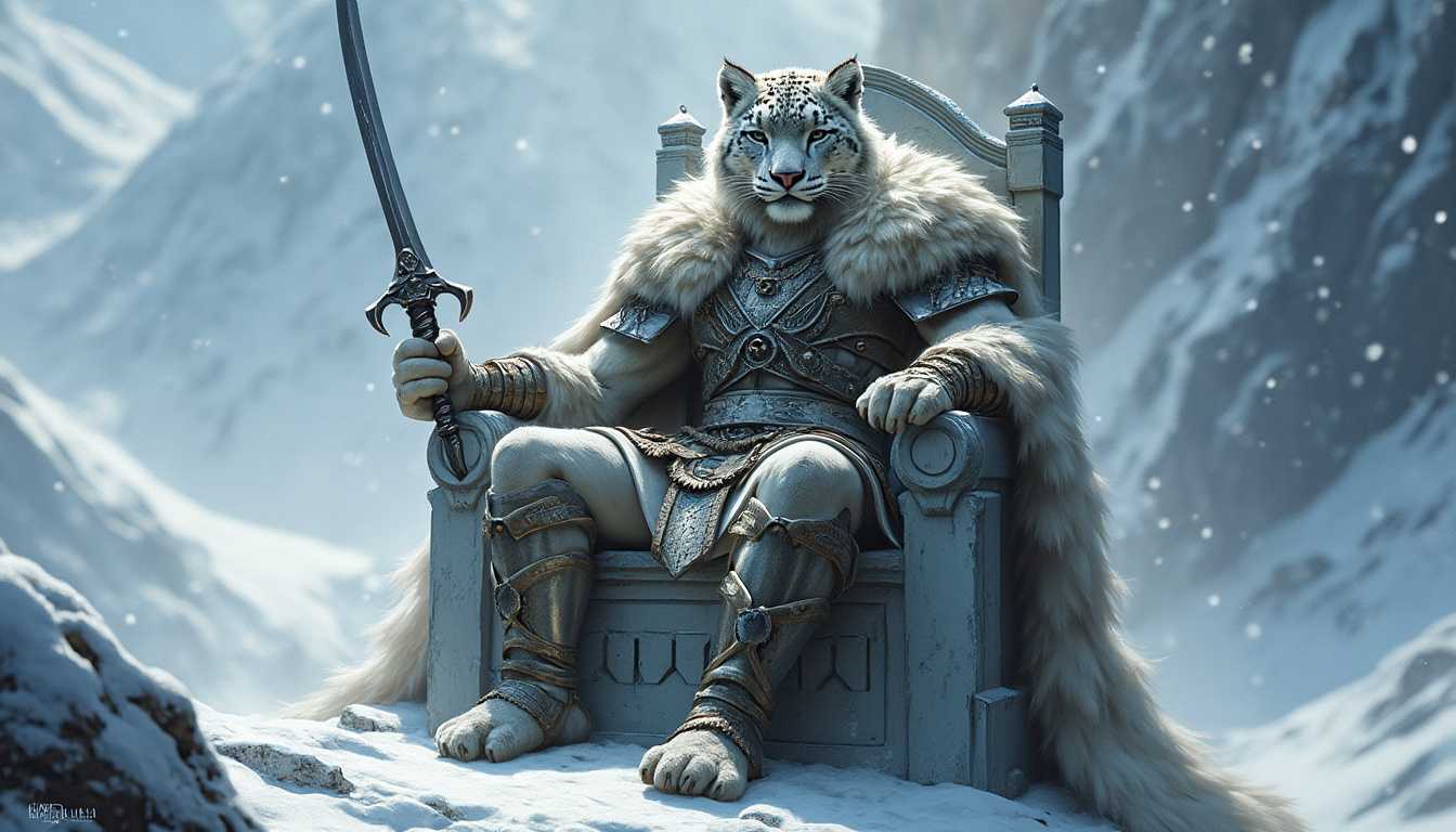 Picture a ferocious snow leopard warrior king, seated on a throne of ice and stone in the high mountains. His crown is made from fur and silver, symbolizing his dominance over the vast steppes. His armor is thick and layered, and he holds a long, curved sword, his piercing eyes scanning the horizon for any sign of weakness.