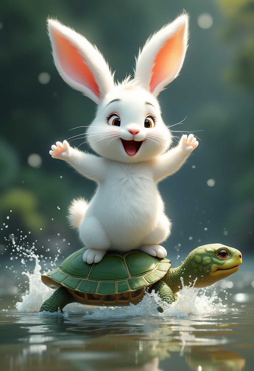 The White Rabbit hops off the ground, its snow-white fur fluffing up in joy. Rabbit beams with a bright smile, its sparkling eyes shining with gratitude as it thanks the Green Turtle for helping it cross the river.