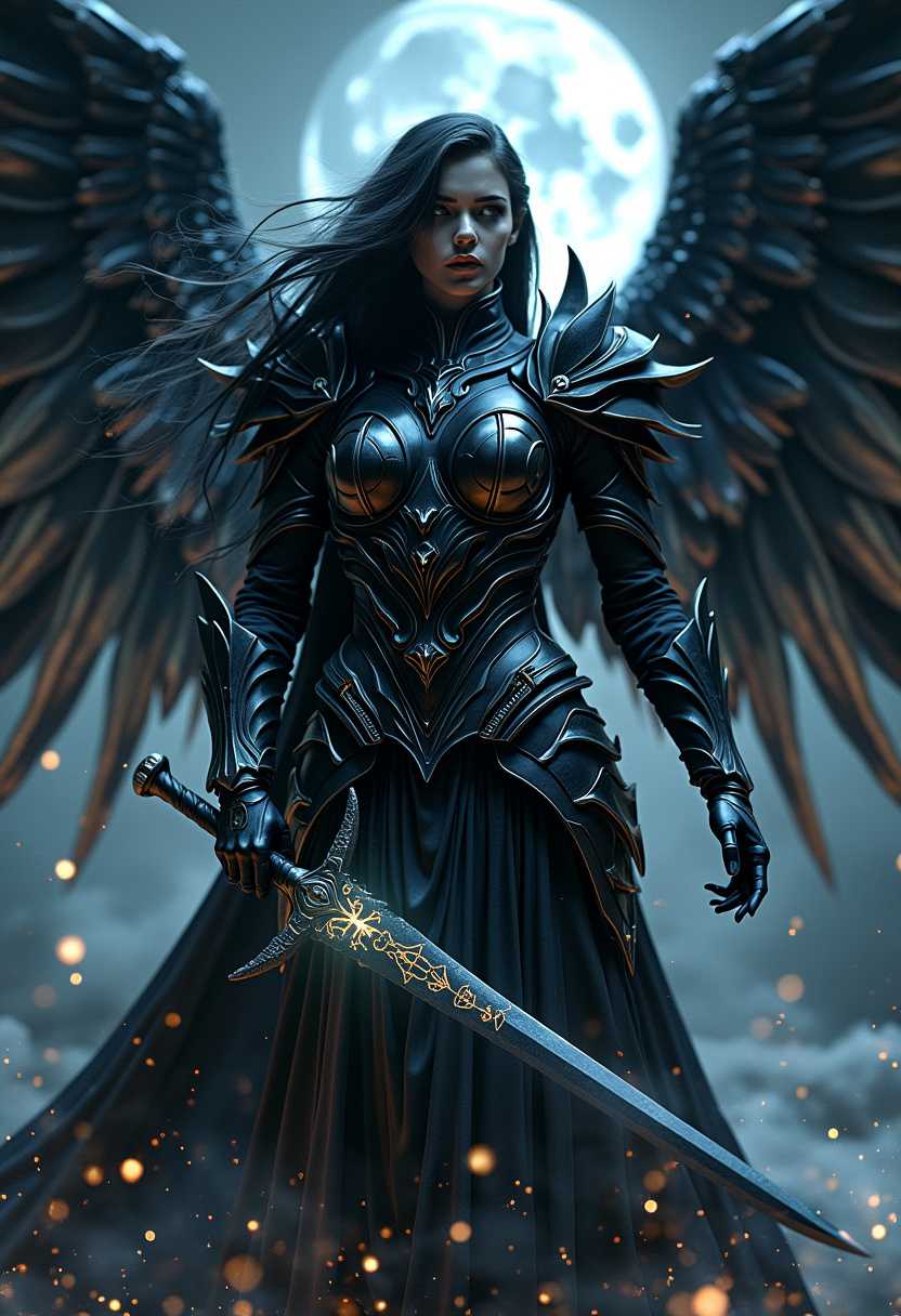 This conceptual design features a Nocturnal Valkyrie, a celestial warrior wrapped in mystery, in an epic and dark style reminiscent of a movie or advertisement poster. The imposing silhouette of the Valkyrie, clad in a sharp, obsidian-black armor, gleams with refined, jagged details that seem carved from the darkest stone. Her long black wings, majestically spread in the night wind, catch the light of an unseen moon, creating metallic reflections that enhance her both celestial and terrifying appearance. Her face, partially hidden beneath a dark helmet, is framed by long black hair that flows freely behind her, adding to her spectral, ghost-like presence. Her icy eyes pierce through the darkness as she wields a black sword, etched with faintly glowing runes that hint at ancient, forbidden power. The dark, misty background, streaked with flashes of spectral light and wisps of smoke, intensifies the atmosphere of the scene. Surrounding the Valkyrie are floating technical and mystical schematics, suggesting a fusion of ancient magic and technology. The dominant colors are primarily the deep black of her armor and wings, contrasted by the shimmering obsidian highlights and the glowing patterns on her sword. This design gives the Valkyrie a look that is both majestic and menacing, embodying the power of a warrior descended from celestial darkness. The artwork appears to have been created using advanced digital techniques, likely with 3D design software. The intricate details of her armor, wings, and sword are particularly well-crafted, while the expertly integrated light, shadow, and mist effects enhance the supernatural and epic feel of this Nocturnal Valkyrie. By Sasan