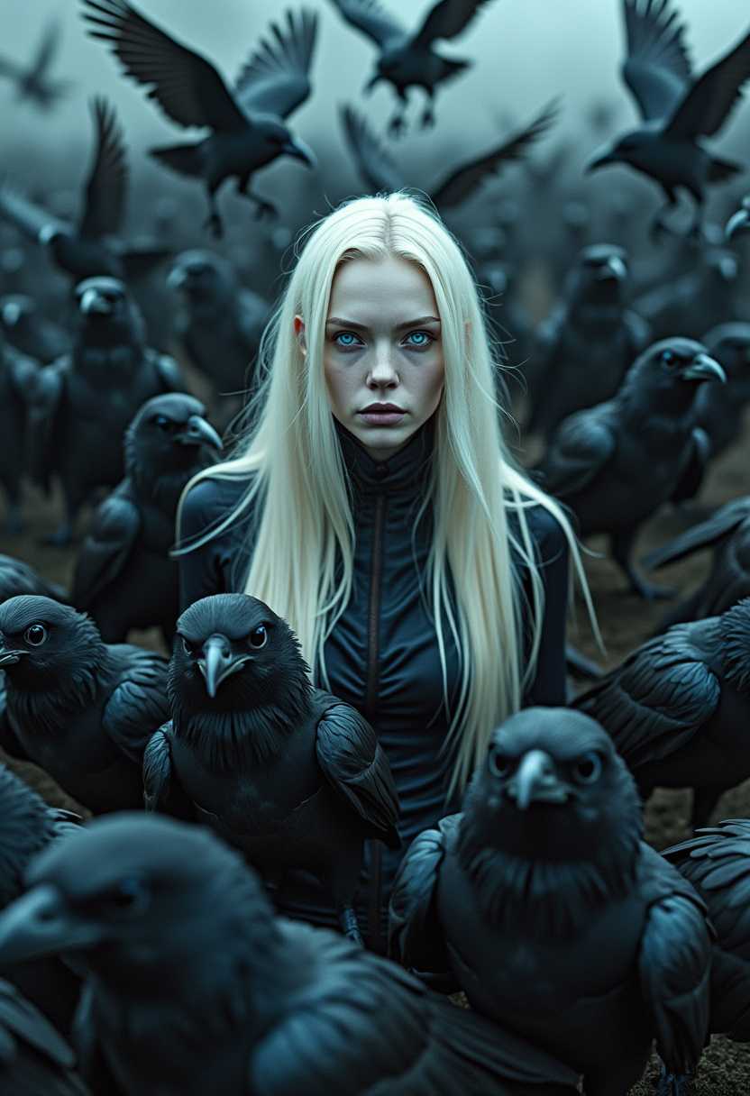 A pale-skinned figure with very long platinum blonde hair gazes directly at the viewer from the center of a swirling mass of dark birds, blue colored eyes, likely crows or ravens. The atmosphere is moody and surreal, with a limited color palette dominated by blacks and deep grays, creating a sense of confinement and mystery. The figure wears a form-fitting, dark outfit that blends into the surroundings, emphasizing the contrast between their fair skin and the dark feathers surrounding them.