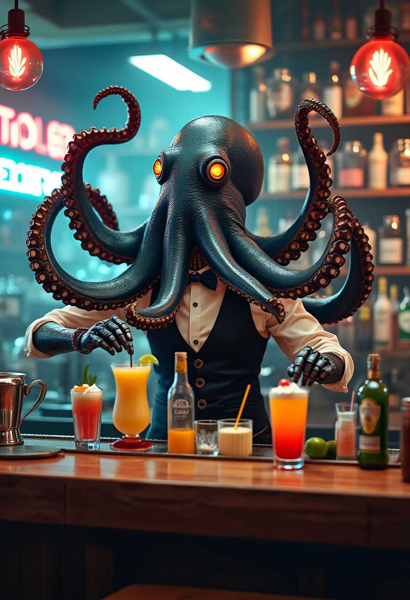 An anthropomorphic octopus behind a futuristic bar, mixing drinks with his eight arms, each one holding a different bottle or shaker. He expertly pours and serves colorful cocktails, while his mechanical tentacles handle the cash register and clean glasses. The bar is neon-lit, with a lively atmosphere filled with patrons enjoying their drinks. The octopus wears a bartender's vest and bow tie, his expression calm and confident as he works in perfect sync. Semi-realistic, highly detailed, with a lively and futuristic vibe.
