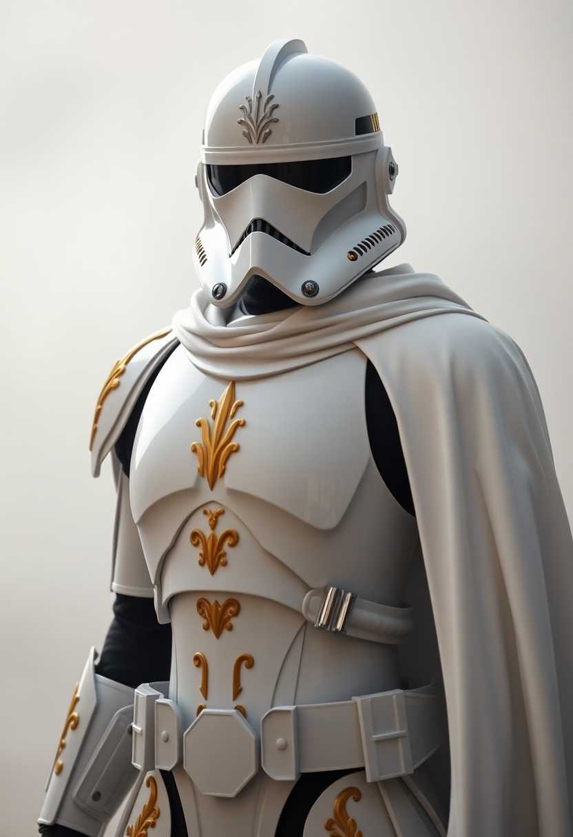 A cinematic medium shot of a clone trooper with glossy white Baroque Renaissance armor. The armor has intricate golden filigree and a royal white cape. The background is a smokey white hue with atmospheric fog. The image was captured with a Canon EOS 5D Mark IV DSLR at f/5.6 aperture and 1/125 second shutter speed
