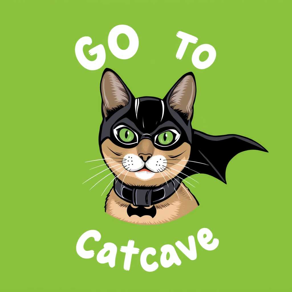 Poster of a humanised cat and text, a batman cat surrounded by text: "GO to Catcave"