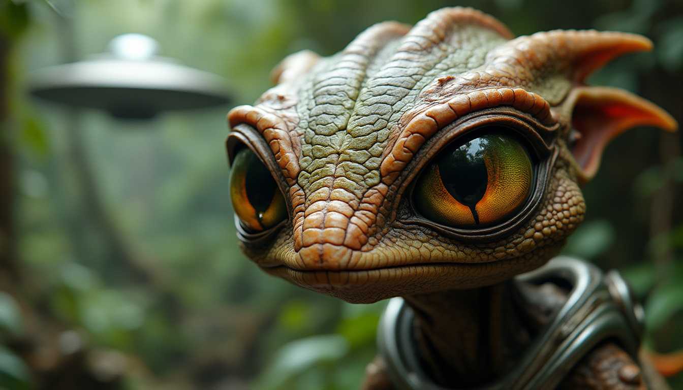 This image features an extraterrestrial creature with a highly detailed and textured appearance. There is a landed flying saucer clearly visible in the jungle background. The creature has large, prominent eyes that are the focal point of the image. These eyes are a rich amber color with a greenishyellow iris, and they are surrounded by a complex pattern of scales and textures that give the impression of reptilian skin.The creatures skin is a tapestry of earthy tones, predominantly browns, greens, and grays, with hints of rust and copper. The scales are irregular in shape, some raised and others recessed, creating a threedimensional effect. The texture is reminiscent of a reptiles scales, with a rough, scaly feel that is emphasized by the lighting.The creatures neck is elongated and thin, with a similar scale pattern to the head. The neck curves gently upwards, leading to the head, which is slightly tilted to the right. The creatures mouth is not visible, but the jawline is defined by the texture of the skin.The creatures ears are pointed and elongated, with a similar scale pattern to the head, and they protrude from the top of the head. The ears are a lighter shade of brown with hints of green, and they are slightly curved, giving the creature an attentive expression.The creatures shoulders are not visible, but the upper torso is suggested by a shiny metal spacesuit. 