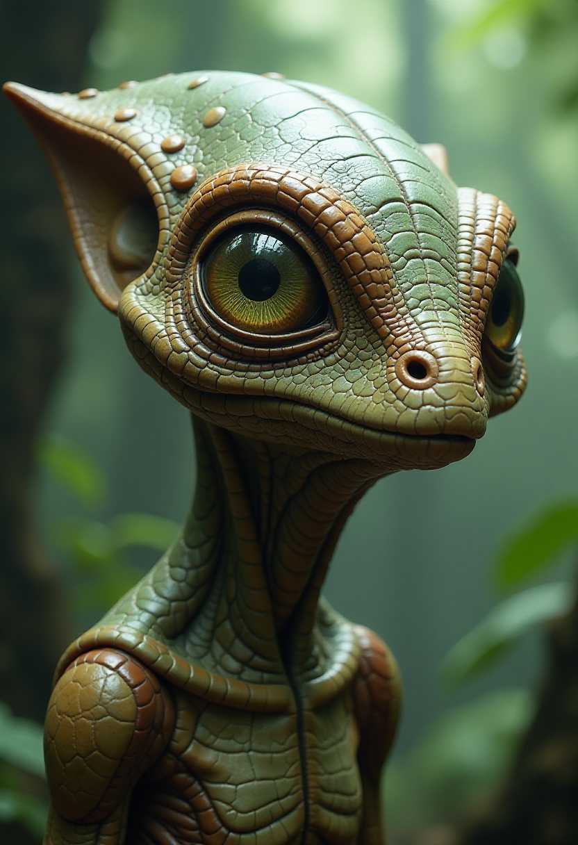 This image features an extraterrestrial creature with a highly detailed and textured appearance. There is a landed flying saucer clearly visible in the jungle background. The creature has large, prominent eyes that are the focal point of the image. These eyes are a rich amber color with a greenishyellow iris, and they are surrounded by a complex pattern of scales and textures that give the impression of reptilian skin.The creatures skin is a tapestry of earthy tones, predominantly browns, greens, and grays, with hints of rust and copper. The scales are irregular in shape, some raised and others recessed, creating a threedimensional effect. The texture is reminiscent of a reptiles scales, with a rough, scaly feel that is emphasized by the lighting.The creatures neck is elongated and thin, with a similar scale pattern to the head. The neck curves gently upwards, leading to the head, which is slightly tilted to the right. The creatures mouth is not visible, but the jawline is defined by the texture of the skin.The creatures ears are pointed and elongated, with a similar scale pattern to the head, and they protrude from the top of the head. The ears are a lighter shade of brown with hints of green, and they are slightly curved, giving the creature an attentive expression.The creatures shoulders are not visible, but the upper torso is suggested by a shiny metal spacesuit. 