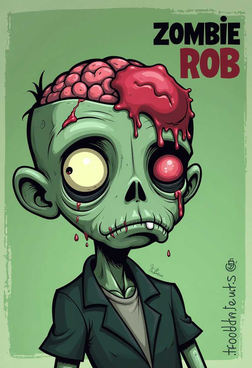 This image features a stylized character that appears to be a zombie, with a distinct and humorous twist. The character is named Zombie Rob, as indicated by the bold, black, and red text in the upper right corner of the image.The art style is cartoonish with a playful and exaggerated approach, using thick, bold lines and a limited color palette. The medium seems to be digital, as the lines are crisp and the colors are evenly applied without the texture of traditional mediums like paint or pencil.The colors used are muted and earthy, with a greenish background that gives the image a slightly aged and worn look. The zombie character is predominantly in shades of black and white, with splashes of red and pink to highlight the bloodlike substance on the forehead and the wound on the right side of the head. The black and white color scheme gives the character a classic zombie appearance, while the red and pink add a touch of gore and humor.The objects in the image are minimal but impactful. The zombie character has a gaping wound on the right side of the head, exposing the brain inside. There is a small amount of bloodlike substance trickling down from the wound. The zombies eyes are vacant and sunken, with one eye being a reddish color and the other a pale green, which is a common characteristic of zombies. The characters mouth is stitched shut, adding to the undead aesthetic.Overall, the image is a playful take on the zombie genre, with a focus on humor and exaggeration. The use of color and exaggerated features like the large, vacant eyes and the gaping wound on the head create a memorable and comical character that stands out against the muted green background.