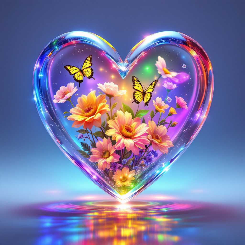 A heart-shaped glowing glass sculpture with rainbow colors, flowers and butterflies inside the glass, floating in water. The image should be ultra-detailed, 8K resolution, with an LED light color scheme