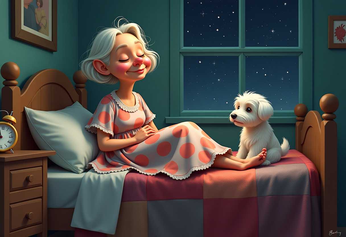 A quirky old lady sitting on a patchwork blanket on a wooden bed wearing a nightdress, smiling and looking sleepy. A bedside cabinet with an alarm clock, her little white scruffy dog sits next to her. A window in the background shows a starry night outside. Whimsical digital painting.