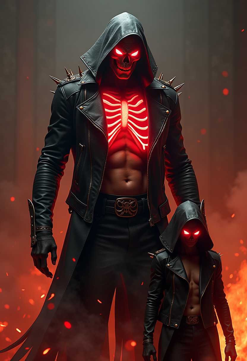 A towering, menacing figure with glowing red eyes and an exposed ribcage that emits an eerie red glow. The figure wears a tattered black leather jacket adorned with spikes and studs, standing in front of a fiery backdrop that casts a hellish light on the scene. Accompanying this figure is a smaller, similarly dressed individual with their face obscured, suggesting an ominous and dark alliance. The intricate details of the clothing, the fierce luminosity of the eyes, and the intense illumination from within the ribcage should be rendered with high fidelity to evoke a sense of dread and awe.