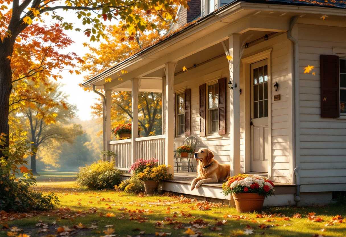 Golden Retriever Soaks in the Sun on a Porch Amidst a Beautiful Autumn Setting
