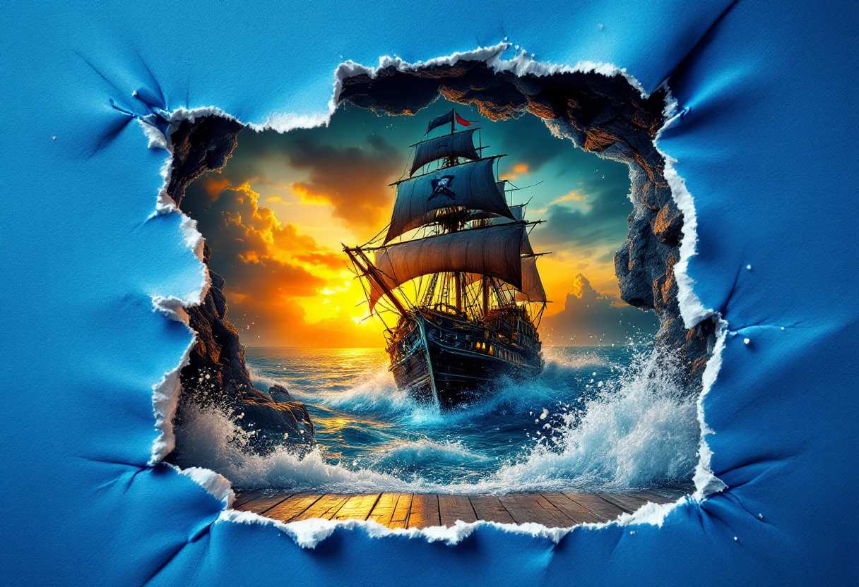 Ripped blue paper effect with ocean scene. A 3d pirate ship is charging menacingly out of the picture towards the viewer and water is cascading down towards the floor.