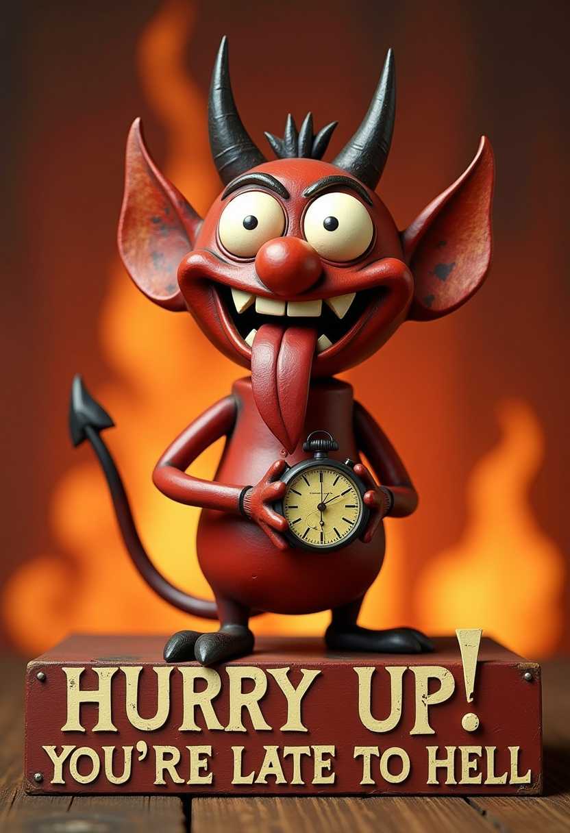 This image features simplified 1930s cartoon 3d characters and scenery that appears to be painted wooden figures or puppets without strings. The subject of the image is a creature that resembles a devil or a demon. The creature has a mischievous grin, large, expressive eyes, and a long, forked tongue sticking out. It has two horns protruding from the top of its head and a tail with a hook at the end. The creature is wearing a wristwatch on its left wrist, which has a clock face on it.The text at the bottom of the image reads HURRY UP! YOU'RE LATE TO HELL, which adds a humorous or sarcastic tone to the image, implying that the creature is urging someone to hurry up and accept their fate. The overall effect is a playful take on the traditional image of a devil, with a twist that turns the ominous warning into a joke. Fiery background.