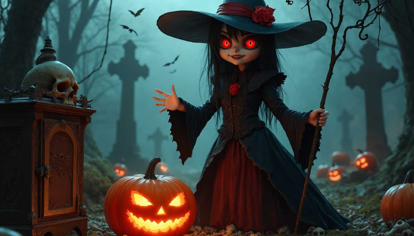 **Title**: Enigmatic Halloween Witch

**Visual Details**: 
A digital painting capturing a haunting Halloween scene. A witchlike figure stands as the central focus, adorned in an intricately designed dark Victorian gothic outfit. Her wide-brimmed hat is a standout piece, elegantly decorated with a bold red ribbon and a blooming rose. The witch's skin is exceptionally pale, accentuating her exaggerated features—a wide, toothy grin and piercing red eyes that glow with an eerie intensity. In her hand, she delicately holds a long, thin wand, poised in the act of casting a spell.

**Composition**:
The witch is the focal point, centrally positioned in front of a mesmerizing background of a nighttime cemetery. She casts her spell over a large, invitingly glowing jack-o'-lantern on the ground. Surrounding her feet, scattered bones and smaller pumpkins create an intricate foreground. She stands before a small, ornate wooden cabinet to her side, featuring a detailed skull design on its slightly ajar door. This adds an element of curiosity and mystery to the composition.

**Style**:
The artistic style is a blend of digital realism and gothic fantasy, with fine attention to detail. The image incorporates elements of Victorian design and dark fantasy to enhance the witch's