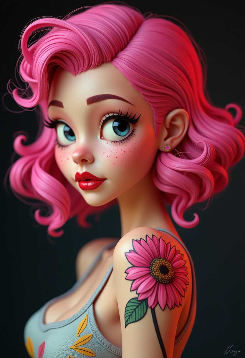 This image is a 3D rendered scene that captures a stylized female figure in a vibrant and dramatic setting. The art style is reminiscent of a pinup or burlesque aesthetic, with a focus on exaggerated curves and a playful, seductive pose. 3d cartoon girl, large eyes, with a vintage aesthetic, reminiscent of the 1940s to 1950s pinup style. This image is a closeup portrait of a person with a striking feature of vibrant pink hair that is styled in a messy, tousled manner, giving it a dynamic and somewhat wild appearance. The hair is voluminous and appears to be of medium length, with strands sticking out in various directions, adding to the overall chaotic aesthetic.The persons skin is fair, and there are visible freckles scattered across the shoulders and neck. The freckles are small and evenly distributed, contributing to a natural and youthful look.The subject is wearing a garment with a floral design on the shoulder, which is a large, detailed flower with prominent pink petals and a yellow center, reminiscent of a sunflower. The flower is outlined in black, which stands out against the skin tone and the dark background of the image.The art style of the image is modern and possibly edgy, with a focus on bold colors and textures. The medium could be digital photography, given the clarity and sharpness of the image, as well as the even lighting and color saturation.The colors in the image are quite vivid, with the pink hair being the most prominent color. The skin tone is a soft, natural shade, and the floral design on the garment adds a pop of color with its pink and yellow hues. The dark background of the image contrasts sharply with the bright colors of the subject, drawing attention to the details of the hair and the tattoo.Overall, the image exudes a sense of creativity, individuality, and a nonconventional aesthetic. The subjects hairstyle and tattoo are unconventional choices that reflect a bold and expressive personality.