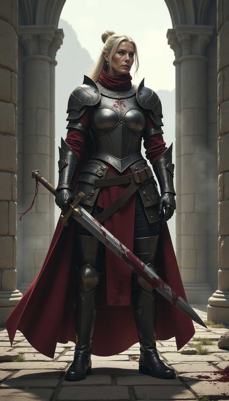 **Subject**: A commanding presence in a fantasy setting, this character is a middle-aged woman in her late 40s, tall and large with well-defined muscles, exuding strength and authority. She stands poised in the center of the scene, clad in ordinary-looking armor that is shaped for a woman's body. Her armor is covered in blood from previous engagements. She wields a longsword with both hands.

**Visual Details**: Her almost-white blonde hair is kept in a bun at the back of her head, emphasizing her stern, stoic expression. Her piercing gaze looks off into the distance, capturing an aura of determination and leadership.

**Style**: The image is rendered in a fantasy realism, capturing the fine details of the armor's texture and the subtle play of light across its surface, reminiscent of the artworks found in fantasy epic illustrations.

**Composition**: The woman occupies a commanding central position in a medieval stone courtyard setting, framed by towering castle walls that enhance her stature. The camera angle is slightly below eye level, accentuating her dominance and the imposing nature of her figure. 

**Mood and Atmosphere**: The scene unfolds during the early morning, with soft natural light casting long shadows and a gentle mist