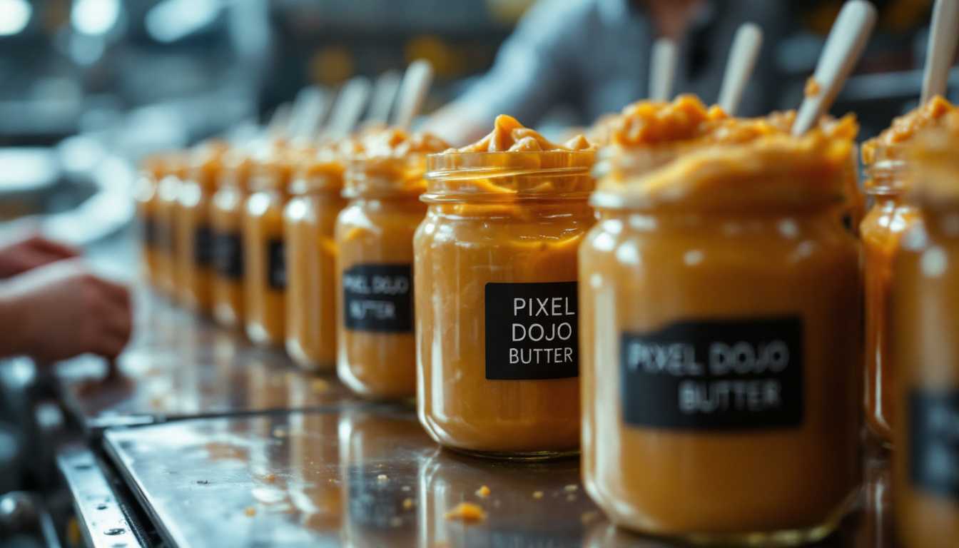 An assembly line with jars of peanutbutter getting filled and packaged. The packaging labels read "PIXEL DOJO BUTTER"
