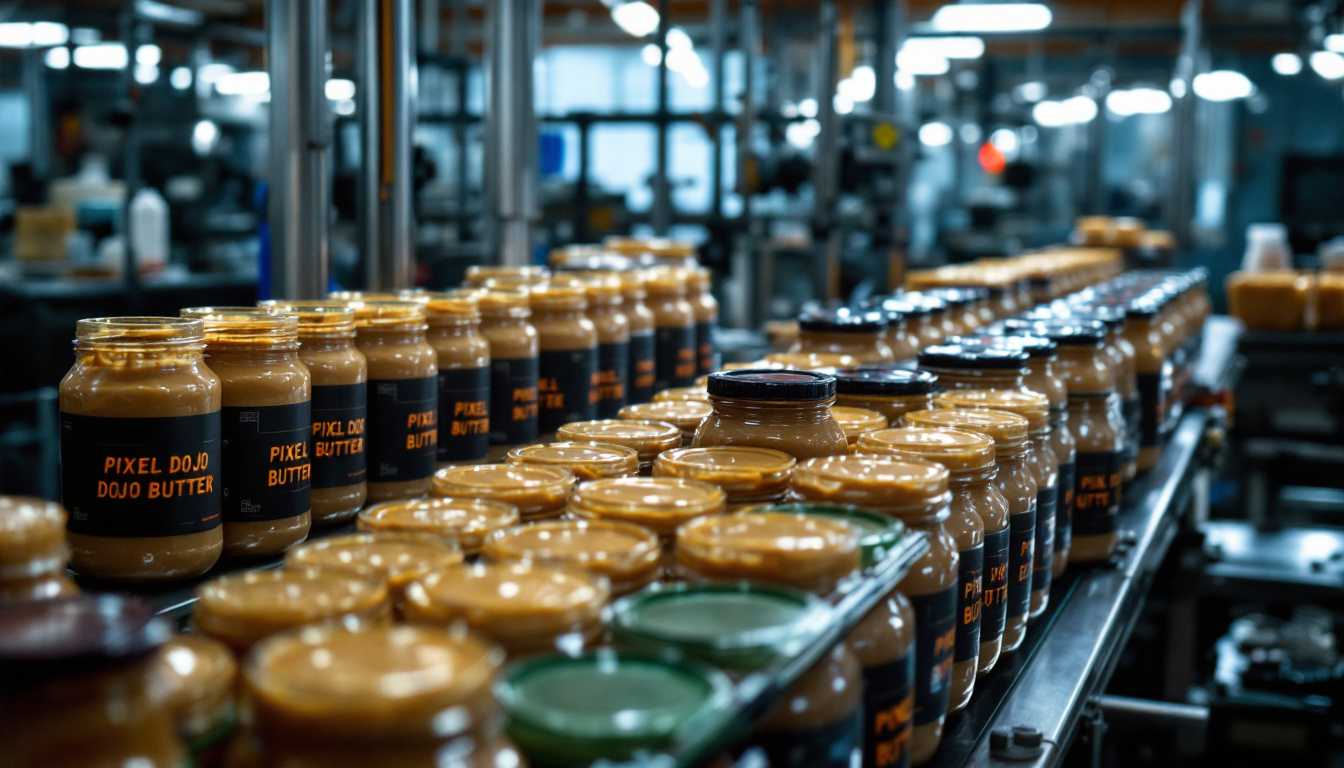 A factory assembly line with hundreds of jars of peanutbutter getting filled and packaged. The packaging labels read "PIXEL DOJO BUTTER"