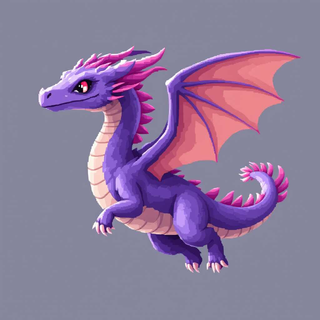 a pixel version of a purple blue and pink flying dragon

