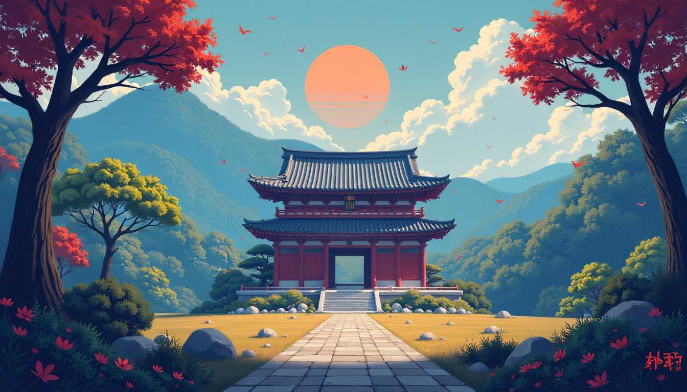 a pixel scene with a dojo in the middle
