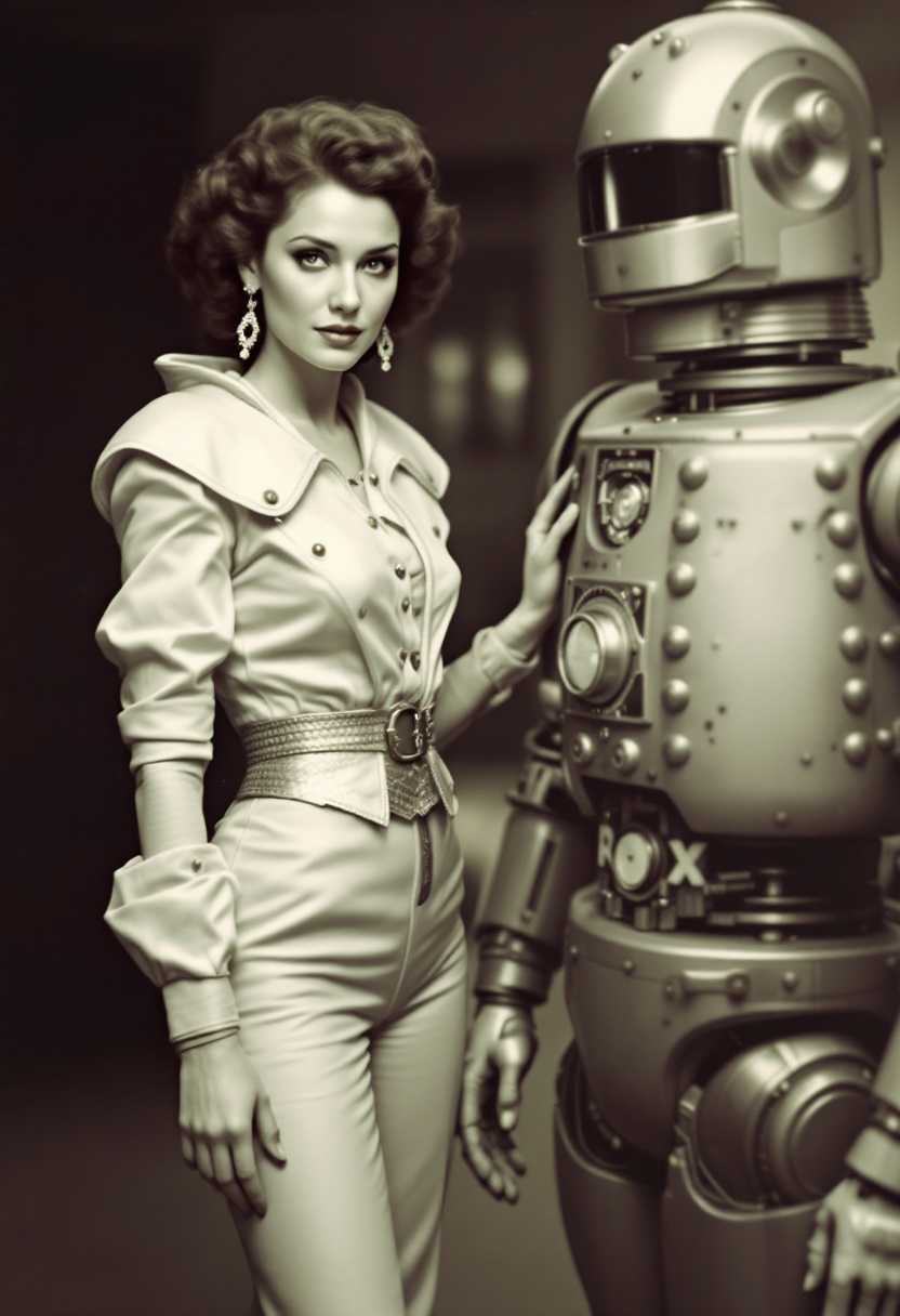 A vintage sepia-toned photograph capturing the juxtaposition of eras, featuring a woman in a sleek, futuristic outfit standing confidently beside a humanoid robot. The woman’s attire is crafted from shimmering metallic fabrics, reminiscent of 1950s sci-fi films, with sharp angles and geometric patterns in shades of silver and chrome. The robot, towering beside her, is an embodiment of retro-futurism, designed with polished steel casings and intricate exposed circuitry, its eyes glowing a soft blue light. 

The scene is set in an art deco-inspired environment, with stylized patterns and mirrored panels reflecting ambient light. The photograph is framed as a portrait, taken at a low angle to emphasize the grandeur of the subjects and their attire. Soft ambient lighting casts gentle shadows, enhancing the texture and material of the futuristic clothing and the gleaming robot exterior. 

The overall mood is enigmatic and avant-garde, a nostalgic nod to the past while envisioning the future. This image evokes a feeling of timeless elegance and forward-thinking innovation, captured through a masterful blend of vintage and futurism. The atmosphere is serene, yet charged with a sense of wonder and possibility, as though capturing a snapshot from a retro-futuristic dream.