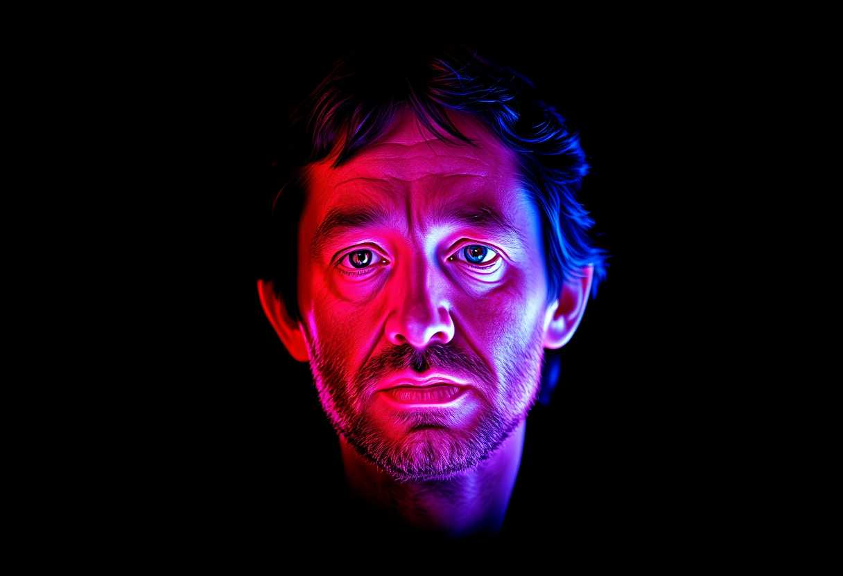 Portrait head only floating of VincentD  holographic neon HLGRPHC, black background