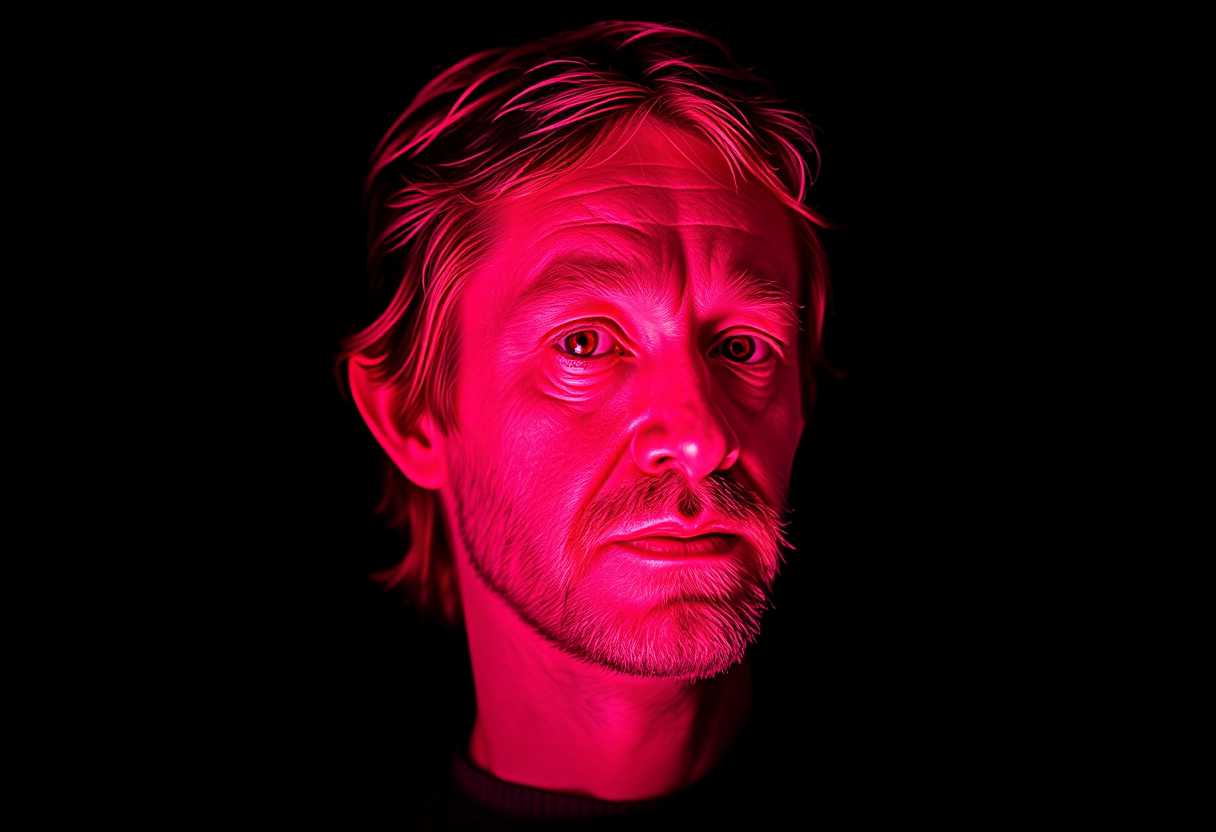 Portrait head only floating of VincentD  holographic neon HLGRPHC, black background