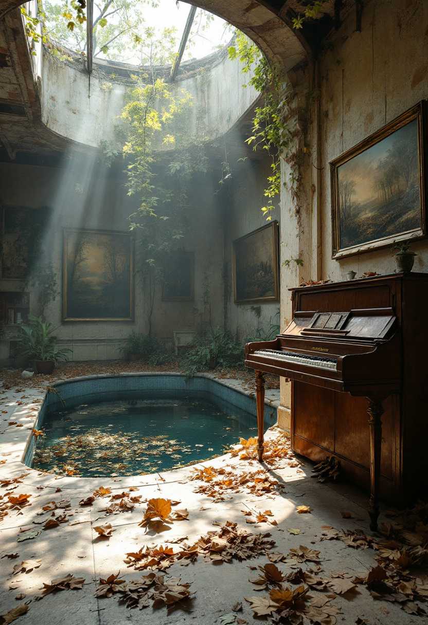 Create a breathtaking lost place from today with neglected things, old furniture, broken drawers, great light incidence. In front of it, a wild swimming pool half filled with water and leaves. Then on the floor, destroyed paintings, a destroyed piano where the keys are scattered on the floor. Neo geographic style