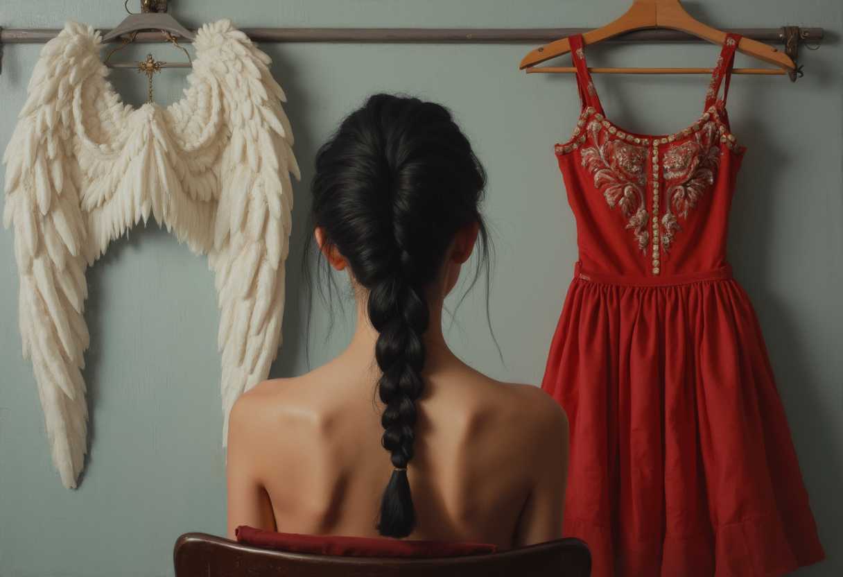a dark-haired young woman with a single braid sits with her back to the viewer and wonders what to choose to wear on her upper body, opposite her hanging on hangers are two options - large white wings or forum fitting red dancer costume. Hyperrealistic, detailed oil painting
