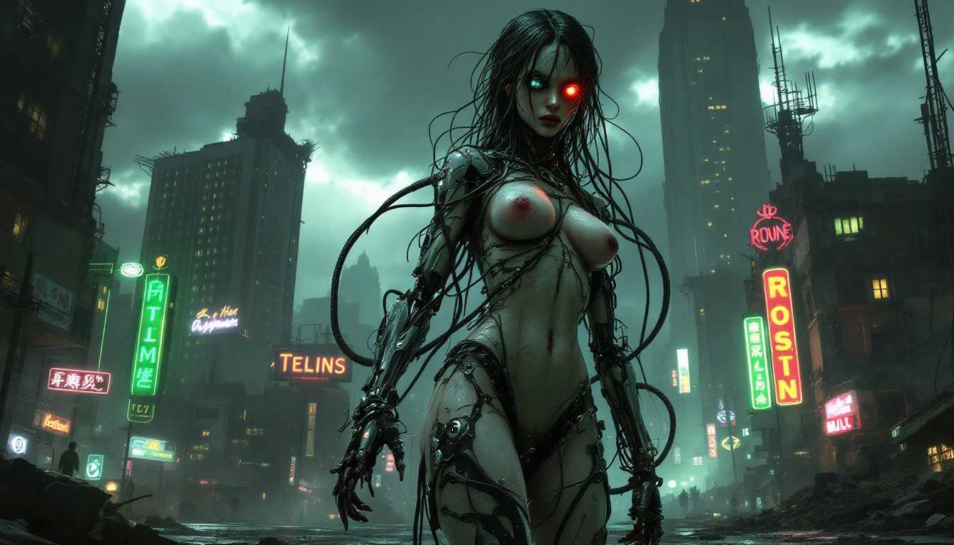 In a shadowy, dystopian landscape, a horrific cybernetic being stands as a testament to a technological nightmare. This creature is a grotesque fusion of woman and machine—a cybernetic mistake where metal and flesh intertwine unnaturally. Exposed circuitry and mechanical parts jut out from torn skin, while tangled wires snake around malfunctioning robotic limbs. The being's face reflects agony and confusion, with one eye replaced by a flickering lens that emits a cold, erratic light. Surrounding it is a decaying urban environment: towering ruins of skyscrapers, broken neon signs sparking intermittently, and abandoned streets shrouded in a toxic haze. The atmosphere is bleak and oppressive, with dark clouds looming overhead and a palette dominated by muted grays, deep blacks, and flashes of eerie greens. The scene is rendered in hyper-realistic detail, capturing the chilling essence of a dystopian nightmare. Influences include the unsettling art of H.R. Giger and the haunting visuals of films like 'Blade Runner' and 'Terminator'