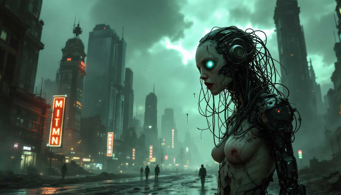 In a shadowy, dystopian landscape, a horrific cybernetic being stands as a testament to a technological nightmare. This creature is a grotesque fusion of woman and machine—a cybernetic mistake where metal and flesh intertwine unnaturally. Exposed circuitry and mechanical parts jut out from torn skin and clothes, while tangled wires snake around malfunctioning robotic limbs. The being's face reflects agony and confusion, with one eye replaced by a flickering lens that emits a cold, erratic light. Surrounding it is a decaying urban environment: towering ruins of skyscrapers, broken neon signs sparking intermittently, and abandoned streets shrouded in a toxic haze. The atmosphere is bleak and oppressive, with dark clouds looming overhead and a palette dominated by muted grays, deep blacks, and flashes of eerie greens. The scene is rendered in hyper-realistic detail, capturing the chilling essence of a dystopian nightmare. Influences include the unsettling art of H.R. Giger and the haunting visuals of films like 'Blade Runner' and 'Terminator' no nudity