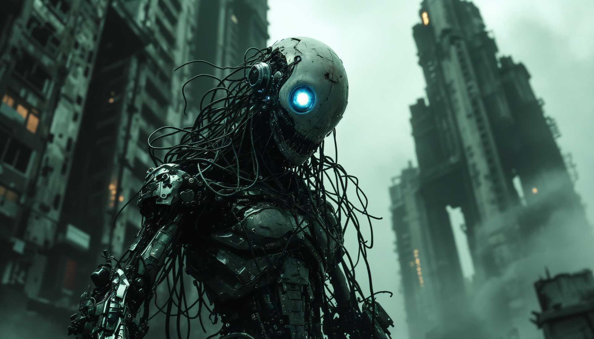 AI-generated image: **A Shadowy Dystopian Nightmare:**
In this chilling, hyper-realistic depiction, a horrific cybernet