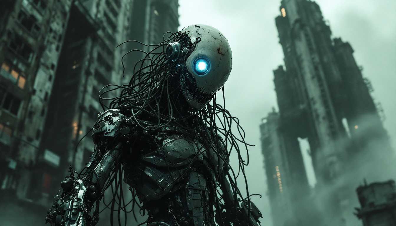 **A Shadowy Dystopian Nightmare:**

In this chilling, hyper-realistic depiction, a horrific cybernetic being stands amidst a bleak and oppressive dystopian landscape, merging elements of human and machine in a grotesque and unnatural fusion. The creature is rendered with painstaking detail, where metal and flesh intertwine, exposing circuitry and mechanical components that protrude ominously from its torn skin. Tangled wires coil around its malfunctioning robotic limbs, enhancing its nightmarish visage.

**Artistic Style and Influences:**
The scene draws inspiration from the unsettling and biomechanical art of H.R. Giger, with a focus on intricate, organic, and mechanical forms. The creature's face is etched with agony and confusion, featuring one eye replaced by a flickering lens that emits an erratic, cold light, adding an element of cybernetic horror.

**Composition and Setting:**
The dystopian backdrop is a decaying urban environment: looming, dilapidated skyscrapers reach into the toxic haze, their skeletons barely holding onto the remnants of civilization. Broken neon signs intermittently spark, casting eerie shadows as they crackle. The streets are deserted, enveloped in a suffocating toxic fog that obscures the finer details of this devastated world.

**Mood and